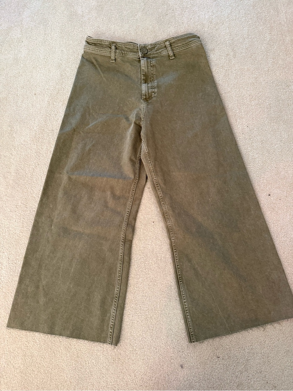 Zara Wide Leg Cropped Denim Pants Olive Green High Rise Stretch Size 10